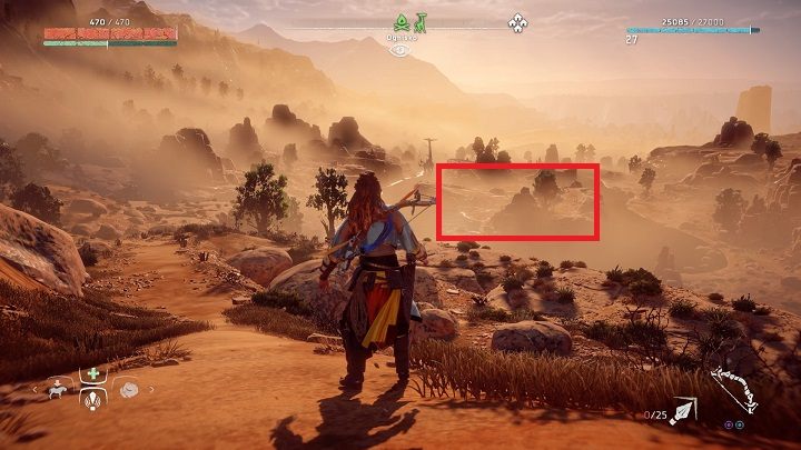 W tej sytuacji jedyny punkt z którego możesz dostać się na Żyrafa mieści się na wyspie, w centrum sadzawki - Horizon Zero Dawn: Żyrafy - mapa - Horizon Zero Dawn - poradnik, solucja