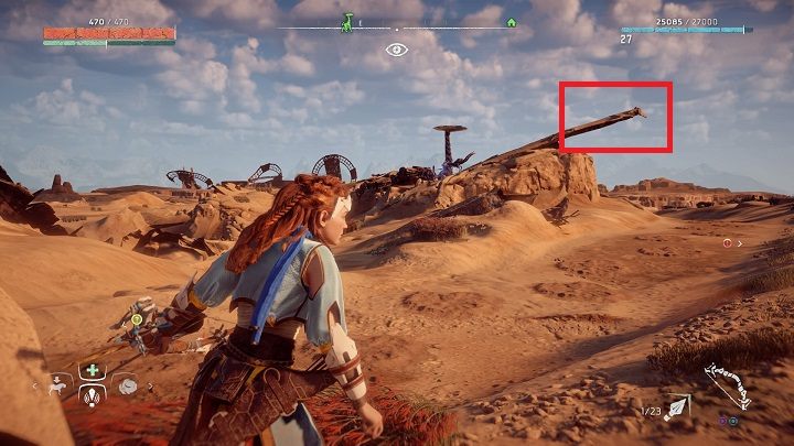 Skok na Żyrafa jest możliwy z widocznego na obrazku wraku - Horizon Zero Dawn: Żyrafy - mapa - Horizon Zero Dawn - poradnik, solucja