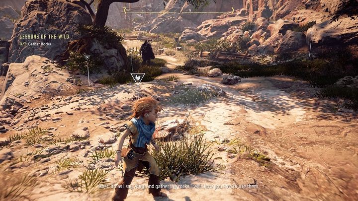 W dalszej części zadania musisz zebrać trzy kamienie, które znajdziesz w pobliżu koryta rzeki - Horizon Zero Dawn: Szkoła przetrwania (Lessons of the Wild) solucja - Horizon Zero Dawn - poradnik, solucja