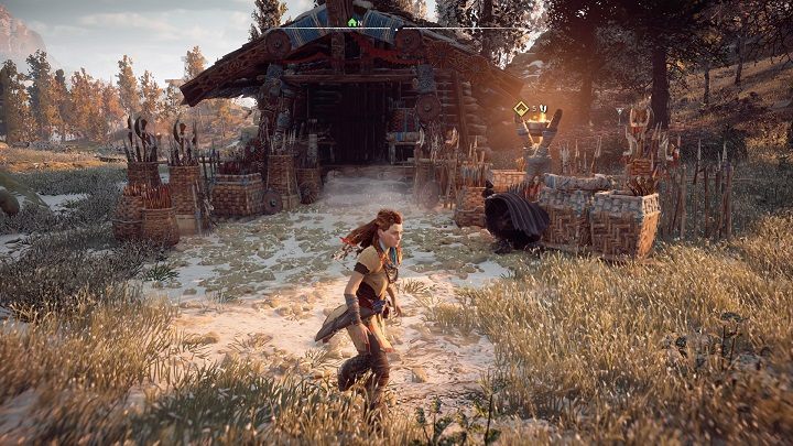 Karsta spotkasz w pobliżu osady przy niewielkim domu widocznym na obrazku - Horizon Zero Dawn: Na czubku włóczni (The Point of the Spear) solucja - Horizon Zero Dawn - poradnik, solucja