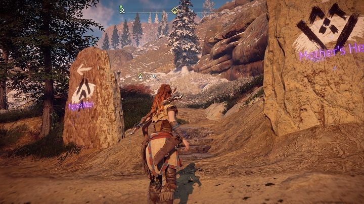 Widząc powyższe kamienne drogowskazy możesz wejść między nie, a trafisz na ścieżkę, która zaprowadzi się prosto na szczyt góry do Graty - Horizon Zero Dawn: Dziwna Grata (Odd Grata) - zadanie | Obręcz, solucja - Horizon Zero Dawn - poradnik, solucja