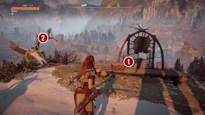 Stań pod liną i podskocz żeby Aloy zjechała po niej - Horizon Zero Dawn: Dziwna Grata (Odd Grata) - zadanie | Obręcz, solucja - Horizon Zero Dawn - poradnik, solucja