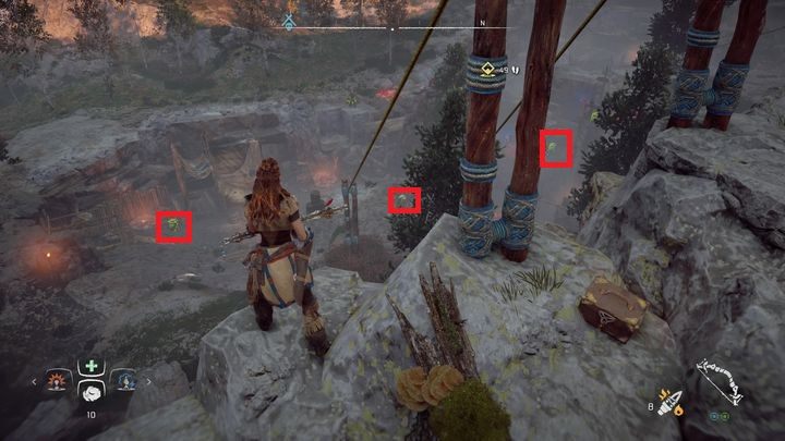 W ramach misji możesz wykorzystać wybuchowe beczki, które rozmieszczono w ich obozie - Horizon Zero Dawn: Ślad dowódczyni (The War Chief Trail) solucja - Horizon Zero Dawn - poradnik, solucja