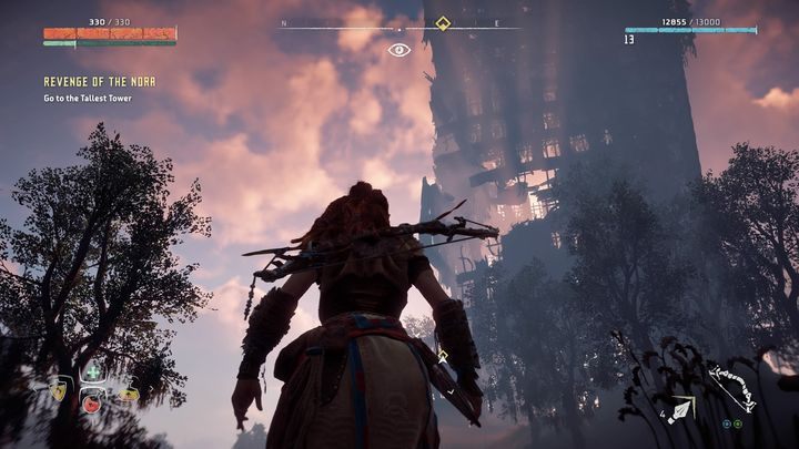 Po zneutralizowaniu ostatniego z obozów musisz ruszyć dalej w głąb ruin, aż do najwyższej wieży w obszarze - Horizon Zero Dawn: Zemsta Nora (Revenge of the Nora) solucja - Horizon Zero Dawn - poradnik, solucja