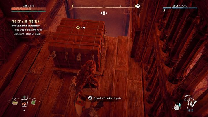 Na miejscu uruchom Fokus i zbadaj nim podłogę na parterze - Horizon Zero Dawn: Miasto Słońca (City of The Sun) solucja - Horizon Zero Dawn - poradnik, solucja