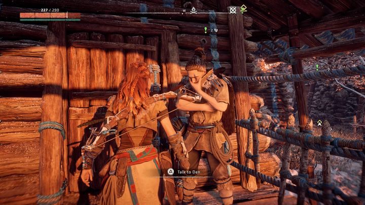 Misja pojawi się w dzienniku po rozmowie z Denem, którego spotkasz na ganku jednej z chat w pobliżu bramy do Korony Matki - Horizon Zero Dawn: Sanktuarium (Sanctuary) - zadanie | Korona matki, solucja - Horizon Zero Dawn - poradnik, solucja