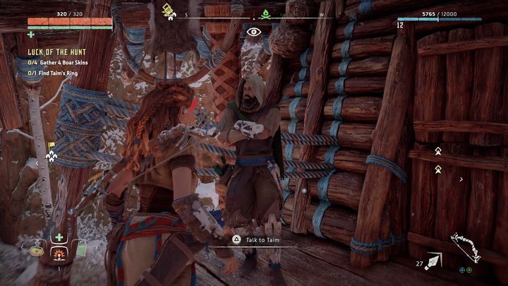 Zadanie rozpoczniesz rozmawiając z Taimem, którego spotkasz na ganku jednego z domów w Koronie Matki - Horizon Zero Dawn: Szczęście w łowach (Luck of the Hunt) | Korona matki, solucja - Horizon Zero Dawn - poradnik, solucja