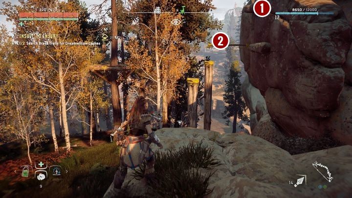 Drugą torbę znajdziesz na słupie widocznym na obrazku - Horizon Zero Dawn: Tego już za wiele (Insult to Injury) | Obręcz, solucja - Horizon Zero Dawn - poradnik, solucja