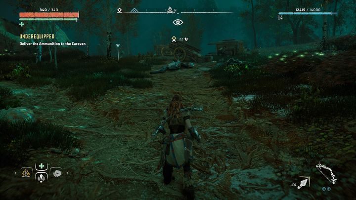 Po dotarciu na miejsce okazuje się, że karawana została mocno zniszczona - Horizon Zero Dawn: Nieprzygotowani (Underequipped) | Obóz Łowców, solucja - Horizon Zero Dawn - poradnik, solucja