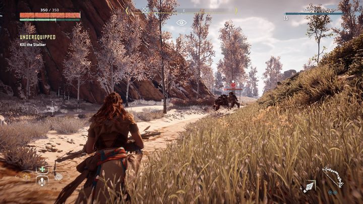 Podczas rozmowy złodziej nieoczekiwanie zostaje trafiony przez ukrywającego się niedaleko Nękacza - Horizon Zero Dawn: Nieprzygotowani (Underequipped) | Obóz Łowców, solucja - Horizon Zero Dawn - poradnik, solucja