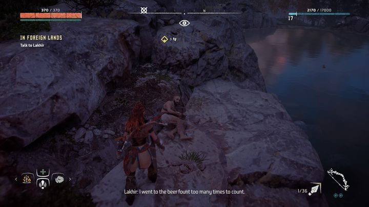 Na wyspie znajdziesz dalszy trop, który oznaczony jest też śladami krwi - Horizon Zero Dawn: W obcych krajach (In Foreign Lands) | Wieża Dnia, solucja - Horizon Zero Dawn - poradnik, solucja