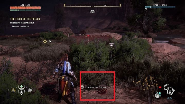 Znajdziesz tam ślad krwi, który musisz dokładniej zbadać - Horizon Zero Dawn: Pole poległych (Field of the Fallen) solucja - Horizon Zero Dawn - poradnik, solucja