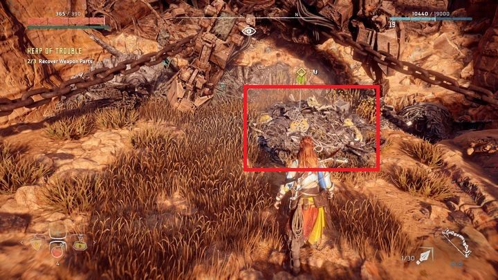 Gdy zejdziesz na dół zobaczysz bandytę, który najwyraźniej cię zauważył - Horizon Zero Dawn: Góra Kłopotów (Heap of Trouble) | Wolnogóra, solucja - Horizon Zero Dawn - poradnik, solucja
