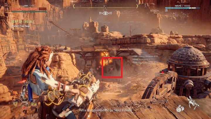 W końcowym etapie starcia musisz przewrócić most, który widzisz po prawej - Horizon Zero Dawn: Góra Kłopotów (Heap of Trouble) | Wolnogóra, solucja - Horizon Zero Dawn - poradnik, solucja