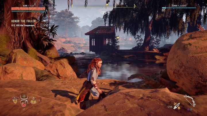 Ten etap zadania polega na wyeliminowaniu dwóch Kłapaków, które znajdziesz nieopodal kapliczki - Horizon Zero Dawn: Uczcić poległych (Honor the Fallen) | Południk, solucja - Horizon Zero Dawn - poradnik, solucja