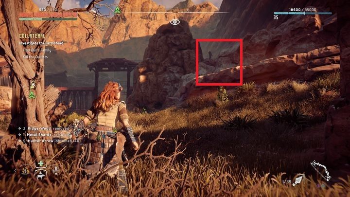 Najlepiej skorzystaj z półki skalnej, którą znajdziesz po prawo od głównego wejścia do obozu - Horizon Zero Dawn: Szkody uboczne (Collateral) | Świat, solucja - Horizon Zero Dawn - poradnik, solucja