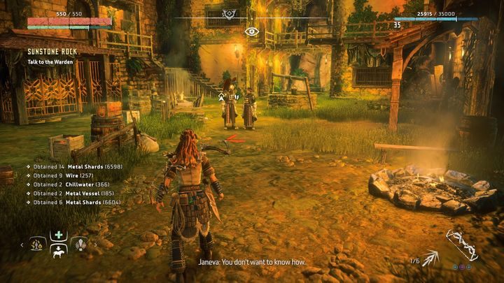 Po rozmowie z Janevą misja zostanie podzielona na trzy samodzielne wątki, które poświęcone są każdemu ze złoczyńców - Horizon Zero Dawn: Słoneczna Skała (Sunstone Rock) | Świat, solucja - Horizon Zero Dawn - poradnik, solucja