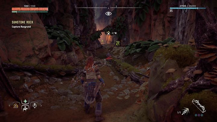 Skorzystaj z uchwytów po prawej za pierwszym łukiem, żeby wejść na wyższy poziom skał - Horizon Zero Dawn: Słoneczna Skała (Sunstone Rock) | Świat, solucja - Horizon Zero Dawn - poradnik, solucja