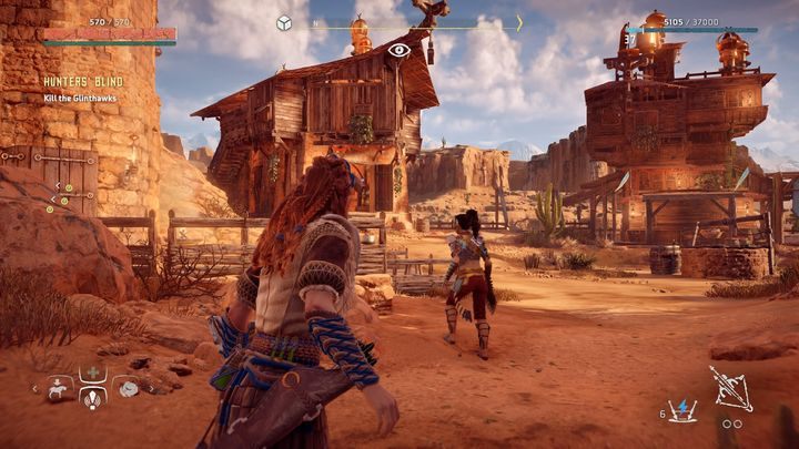 Po dotarciu do osady zauważysz, że jest ona atakowana przez Jastrząbłyski - Horizon Zero Dawn: Ambona łowców (Hunters Blind) | Południk, solucja - Horizon Zero Dawn - poradnik, solucja