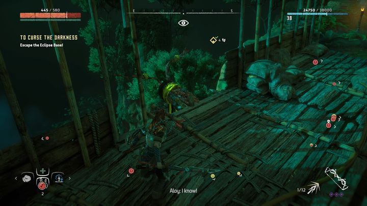 Twoim celem jest widoczny na obrazku punkt na moście, który pozwoli ci uciec z niebezpiecznej strefy - Horizon Zero Dawn: Na pohybel ciemności (To Curse the Darkness) solucja - Horizon Zero Dawn - poradnik, solucja