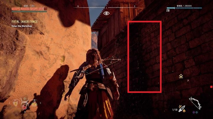 Po wybiciu maszyn twoim celem jest wejście do warsztatu, który znajdziesz na lewo od głównej bramy - Horizon Zero Dawn: Fatalne dziedzictwo (Fatal Inheritance) | Solucja - Horizon Zero Dawn - poradnik, solucja