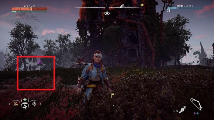 Podążaj ścieżką na zachód od obozu bandytów Diable Pragnienie, a po lewej zobaczysz wysoki zrujnowany budynek - Horizon Zero Dawn: Starożytne naczynia - lista, mapa | Kolekcje i znajdźki - Horizon Zero Dawn - poradnik, solucja