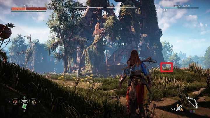 W pobliżu oznaczonego miejsca znajdziesz zniszczony baner reklamowy na wysokim słupie - Horizon Zero Dawn: Starożytne naczynia - lista, mapa | Kolekcje i znajdźki - Horizon Zero Dawn - poradnik, solucja