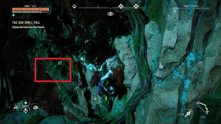 Gdy znajdziesz się w pobliżu ścianki wspinaczkowej złap za widoczny na obrazku uchwyt - Horizon Zero Dawn: Słońce spadnie (The Sun Shall Fall) solucja - Horizon Zero Dawn - poradnik, solucja