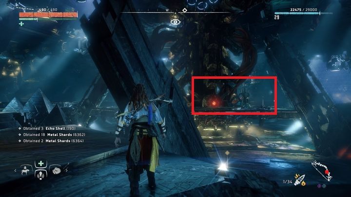 Po wyeliminowywaniu wszystkich maszyn wejdź na platformę po prawej stronie od punktu interakcji i stwórz most, żeby dostać się do punktu interakcji - Horizon Zero Dawn: Kocioł RO (Cauldron RHO) - Horizon Zero Dawn - poradnik, solucja
