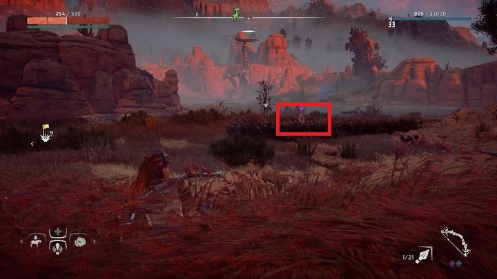 Kwiat jest przy stawie, w bezpośrednim sąsiedztwie ścieżki, którą kroczy Żyraf - Horizon Zero Dawn: Metalowe Kwiaty - lista, mapa | Kolekcje i znajdźki - Horizon Zero Dawn - poradnik, solucja