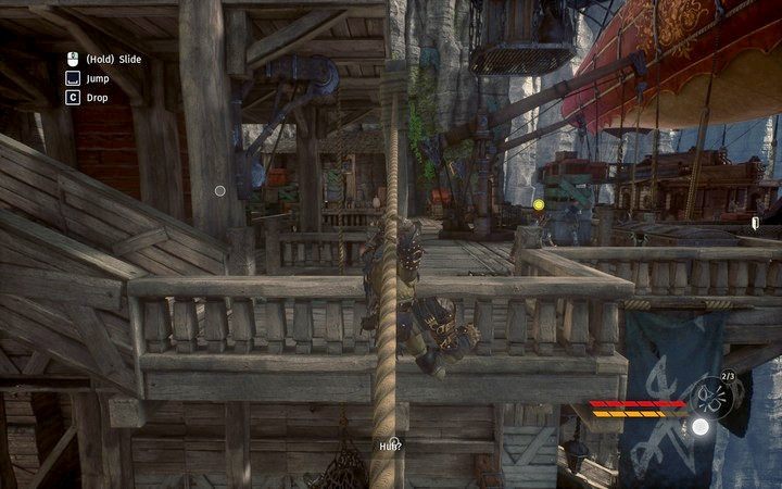 Na statek możesz wrócić dowolną drogą, m.in. liną z dachu karczmy - Ucieczka statkiem powietrznym | Misja 5 - W pułapce | Opis przejścia Styx - Styx: Shards of Darkness - poradnik do gry