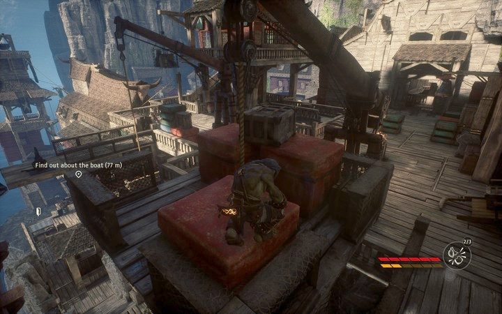 Okrąż plac z towarami, by ominąć strażników i dostać się na statek - Ucieczka statkiem powietrznym | Misja 5 - W pułapce | Opis przejścia Styx - Styx: Shards of Darkness - poradnik do gry