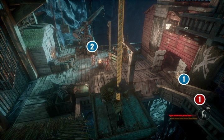 Za bramą znajduje się drugi plac: przed budynkiem na wprost wisi IX plakat (1), a na skrzynce przy barierce leży VII odznaczenie (2) - Miasto złodziei | Misja 1 - Objawienie | Opis przejścia Styx Shards of Darkness - Styx: Shards of Darkness - poradnik do gry