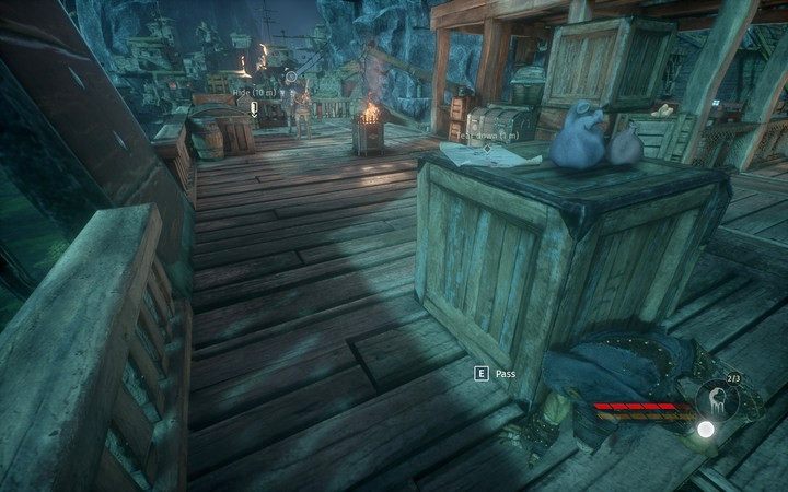 Schowaj się do oznaczonej skrzyni - masz taką możliwość dopóki nie wywołasz alarmu - Miasto złodziei | Misja 1 - Objawienie | Opis przejścia Styx Shards of Darkness - Styx: Shards of Darkness - poradnik do gry