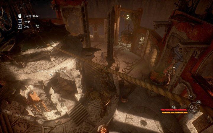 Liną z murów wokół placu przejdziesz na dach altany - Okradnij kapłankę i ambasadora | Misja 3 - Dyplomacja | Opis przejścia Styx - Styx: Shards of Darkness - poradnik do gry