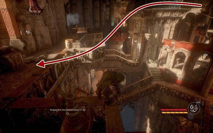 Dach budynku z wieżą jest bezpieczną pozycją do przeskoku na skalne schody poniżej ciebie, przy wejściu do łaźni - Okradnij kapłankę i ambasadora | Misja 3 - Dyplomacja | Opis przejścia Styx - Styx: Shards of Darkness - poradnik do gry