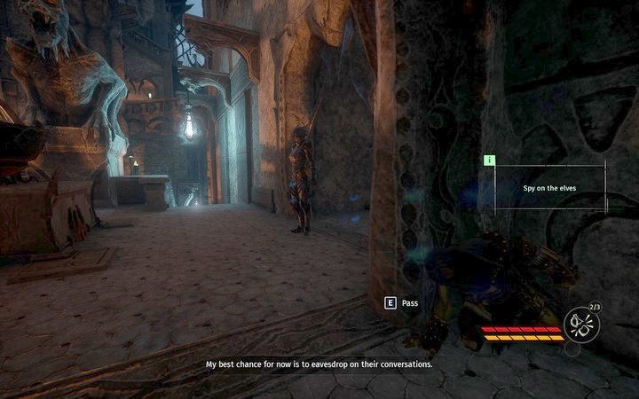 Dwie strażniczki: ta po prawej co jakiś czas schodzi kawałek ze stanowiska - jest to moment, w którym przemkniesz jej za plecami kierując się dalej w dół schodów - Sanktuarium | Misja 3 - Dyplomacja | Opis przejścia Styx Shards of Darkness - Styx: Shards of Darkness - poradnik do gry