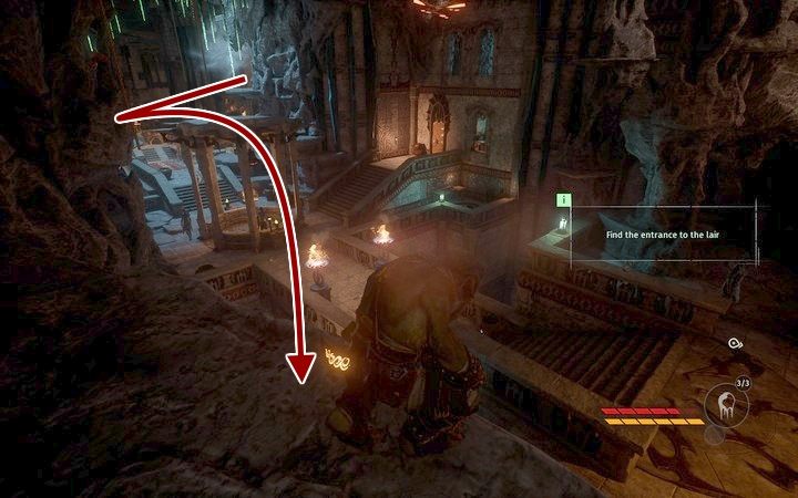 Pilnując, by nie dostrzegła cię strażniczka po prawej stronie na dole, używając idealnie zawieszonych lin i kawałków skał dostaniesz się wprost do wskazanego punktu przy palenisku - Jaskinia | Misja 4 - Co zostało ukryte | Opis przejścia Styx Shards of Darkness - Styx: Shards of Darkness - poradnik do gry