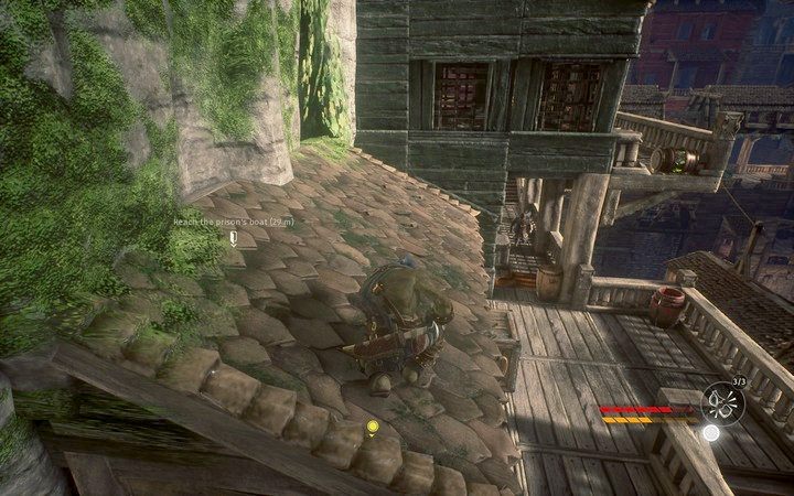 Z tego daszku możesz podsłuchać krasnoludy gadające o skarbie - Pozyskaj bombę | Misja 8 - Sabotaż | Opis przejścia Styx - Styx: Shards of Darkness - poradnik do gry