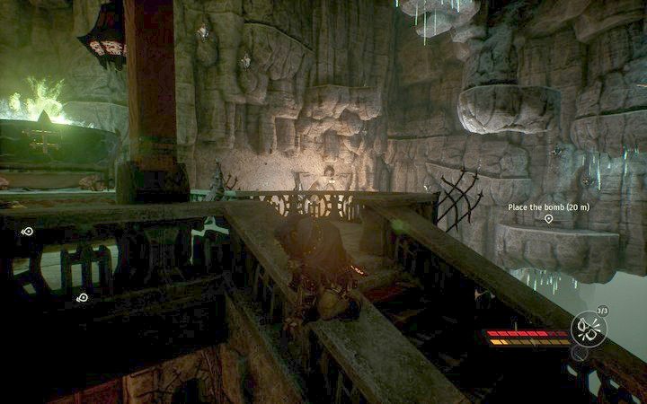 Następnie używając uchwytów i skał przedostań się do miejsca zamontowania pierwszej bomby - Więzienie goblinów | Misja 8 - Sabotaż | Opis przejścia Styx - Styx: Shards of Darkness - poradnik do gry