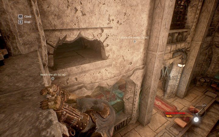 Po zamontowaniu pierwszej bomby wróć skałą na balkon tą samą drogą i wejdź do budynku - Więzienie goblinów | Misja 8 - Sabotaż | Opis przejścia Styx - Styx: Shards of Darkness - poradnik do gry