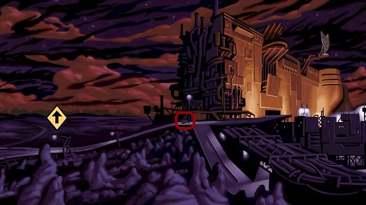 Odpal motor (stoi na lewo od budynku) i jedź w pobliże kryjówki Sępów (skierowana w górę żółta strzałka po lewej) - Dostań się do kryjówki Sępów | Rozdział trzeci - Full Throttle Remastered - poradnik do gry