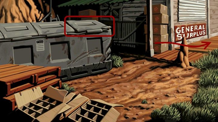 Otwórz prawą pokrywę kontenera ze śmieciami (wystarczy kliknąć), żeby wyjść na zewnątrz - Ruszaj w drogę | Rozdział pierwszy - Full Throttle Remastered - poradnik do gry