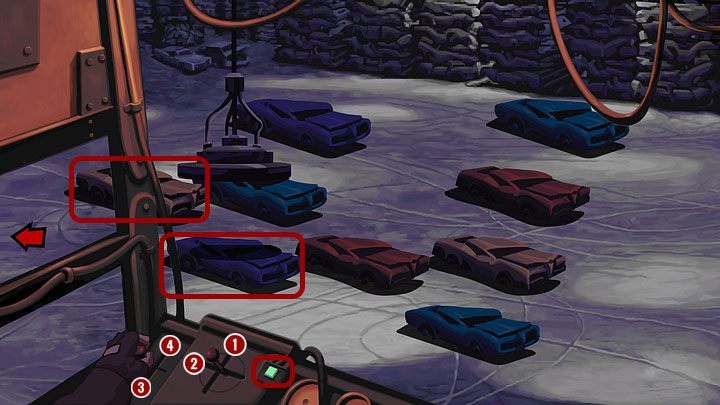 Najpierw wciśnij przycisk po prawej - powinien zaświecić się na seledynowo, po czym użyj dźwigni usytuowanej bardziej po prawej, przesuwając ją w górę (nie trzeba przeciągać, tylko kliknąć punkt, w który chcesz przemieścić dźwignię - 1), a potem w lewo (2) - Pomóż Mo naprawić motor | Rozdział pierwszy - Full Throttle Remastered - poradnik do gry