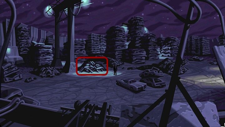 Wyjdź z kabiny dźwigu (czerwona strzałka w lewo), a wróciwszy na ogrodzenie, zejdź lub zeskocz na teren złomowiska - Pomóż Mo naprawić motor | Rozdział pierwszy - Full Throttle Remastered - poradnik do gry