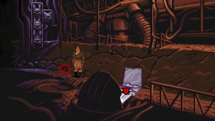 Zgodnie ze wskazówkami otrzymanymi od Mo musisz kopnąć mur naprzeciwko włazów, pamiętaj jednak, aby zrobić to w odpowiednim miejscu - trzeba trafić w nieduży kamień na samym dole pod najbardziej po lewej usytuowanym prętem, tak odrobinę na prawo od niego, oraz w odpowiednim momencie - gdy pracujące - Udaremnij zamiary Ripburgera | Rozdział trzeci - Full Throttle Remastered - poradnik do gry