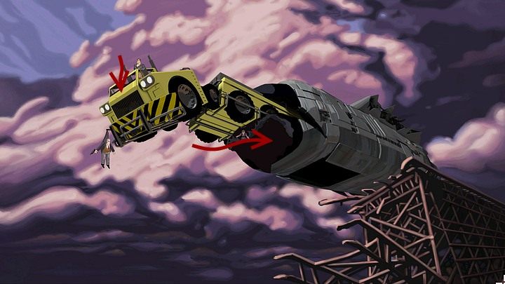 W kolejnym newralgicznym momencie wejdź do kabiny ciężarówki (zwrócona w dół czerwona strzałka nad kabiną) - Wykaraskaj się z tarapatów | Rozdział trzeci - Full Throttle Remastered - poradnik do gry