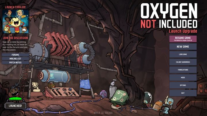 W początkowym menu znajdziemy podstawowe funkcje, takie jak kontynuacja gry, nowa gra, ładowanie - Interfejs Oxygen Not Included - Oxygen Not Included - poradnik do gry