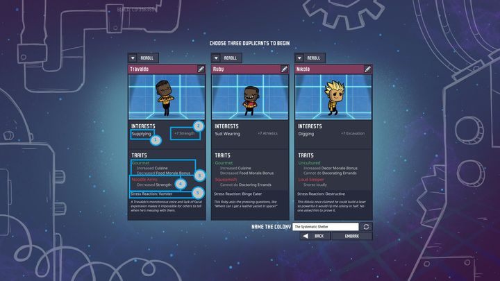 Kolonistów dobieraj rozważnie, przydatne cechy zwłaszcza na początku, to te, które dodają nam Excavation - Jak zacząć w Oxygen Not Included? - Oxygen Not Included - poradnik do gry