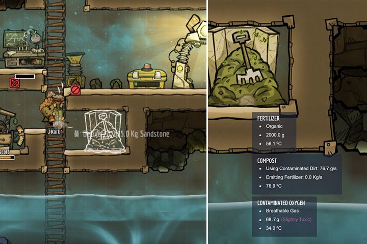 W tej bazie, woda jest bardzo blisko lokacji startowej, co ułatwi życie duplikantom. Wybudowanie kompostownika (Compost) pozwoli rozpocząć produkcję nawozu. - Jak zacząć w Oxygen Not Included? - Oxygen Not Included - poradnik do gry